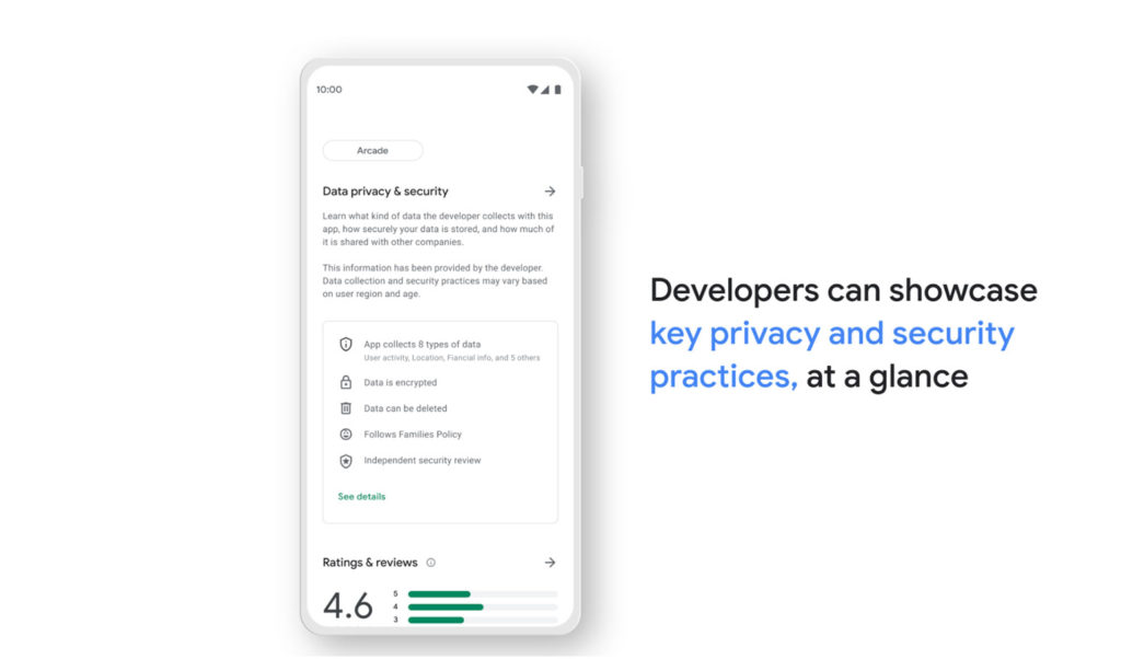 screenshot example of new google play store privacy and security section update - 'Developers can showcase key privacy and security practices, at a glance"