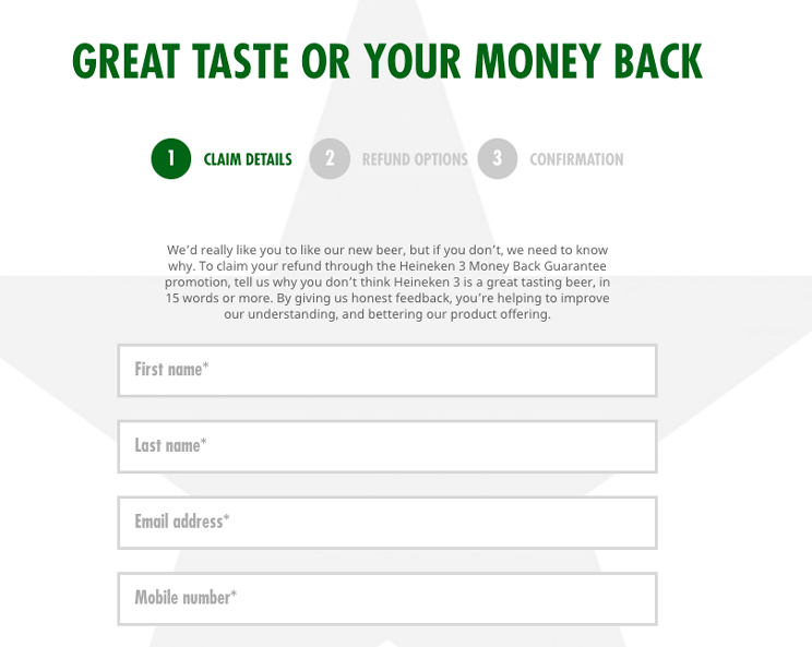 Heinekin Beer money back guarantee example