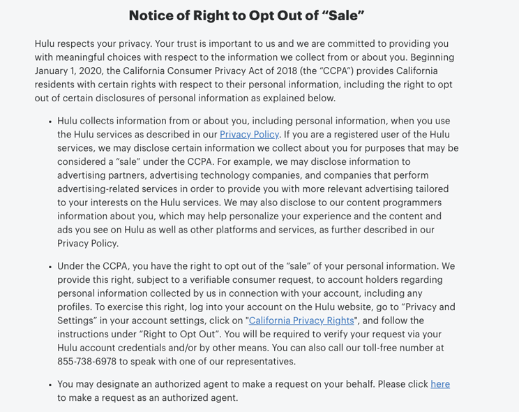 hulu ccpa notice of right to opt out example