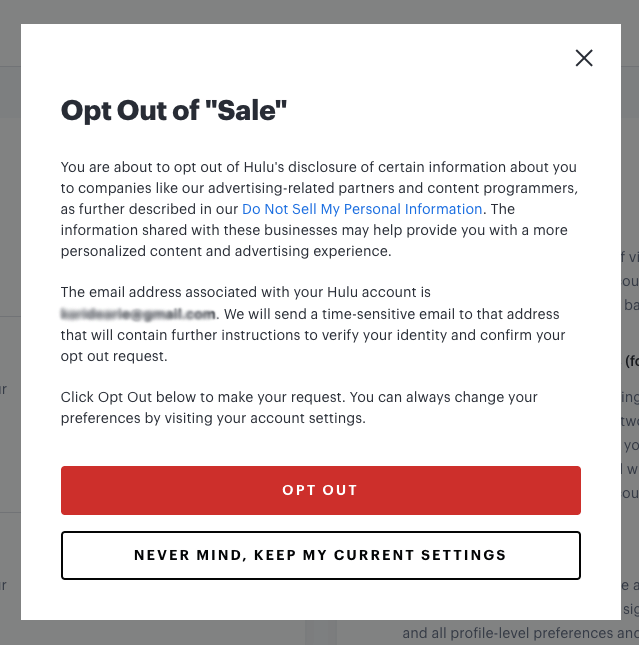 hulu sample do not sell my personal information opt out button