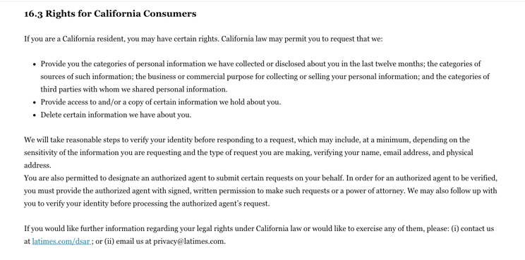 la times privacy policy california consumer rights section