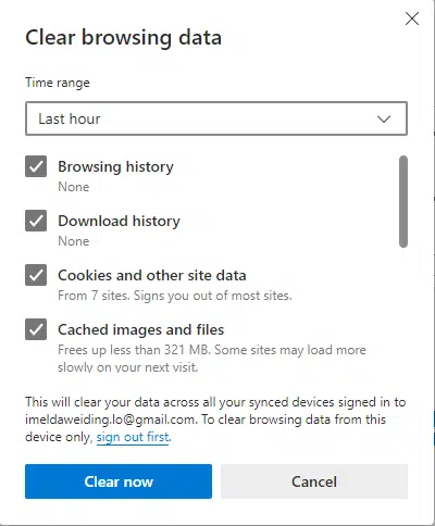 microsoft edge clear browsing data pop up
