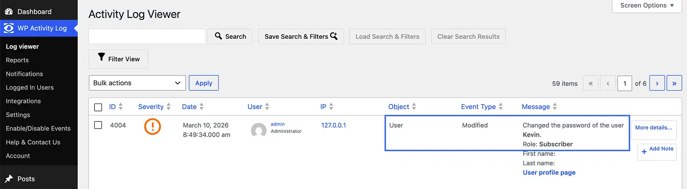 password change of the user in the activity log