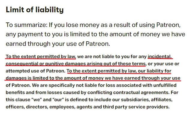 patreon limit of liability