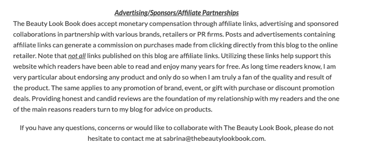 affiliate disclosure page example on the Beauty Look Book