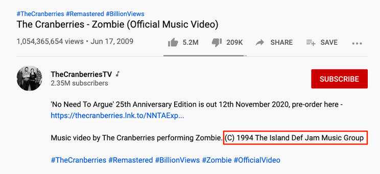 esempio di un disclaimer di copyright su youtube per il video musicale "zombie" dei cranberries"zombie" music video