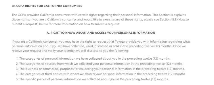 toyota privacy policy consumer right to access