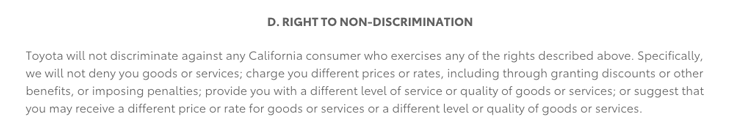 toyota privacy policy consumer right to non-discrimination