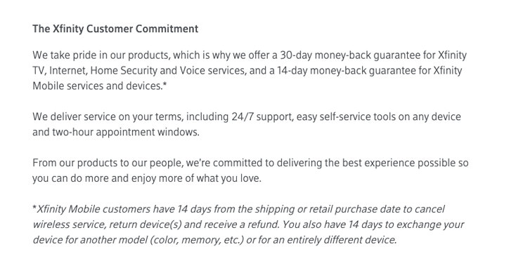 Xfinity's 30-day money back guarantee